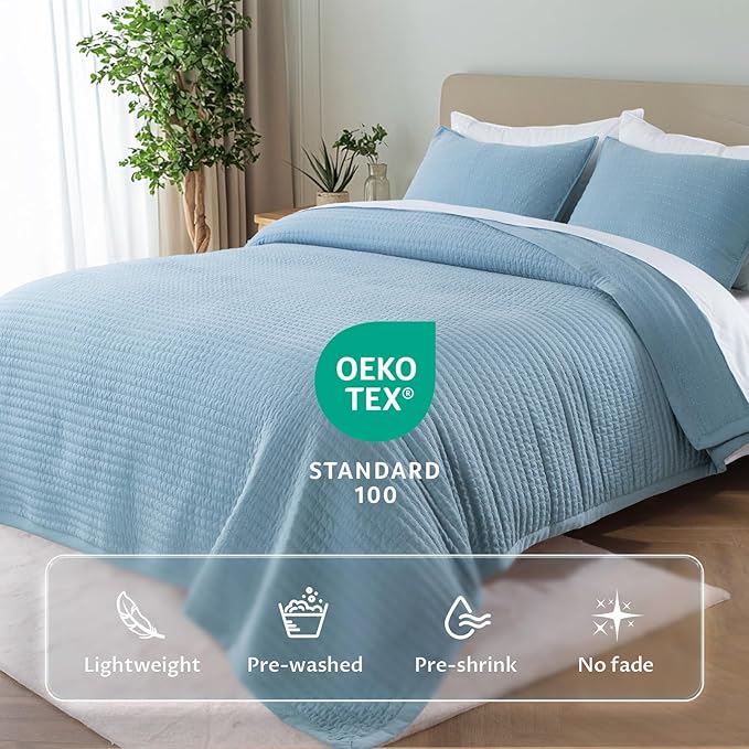 Kasentex KWX1804-BL Quilt Mini Set-Stone Washed-Super Soft Bedspread-Light Weight-White Down Alternative Microfiber Fill-Machine Washable-Solid Colors, Full/Queen + 2 Shams, Blue