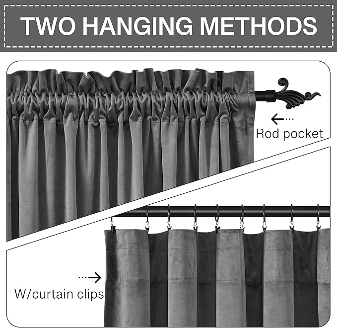 StangH Super Soft Thick Thermal Insulated Velvet Curtains Rod Pocket Room Darkening Privacy Window Treatment Drapes Short Curtains for Bedroom/Dining Room, Grey, W52 x L72, 2 Panels