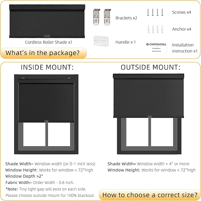ChrisDowa Cordless Blackout Roller Shades for Windows, Striped Free-Stop Window Blinds with Privacy, Thermal Insulated Window Shades for Home, Office and Door. Black, 69" W x 72" H
