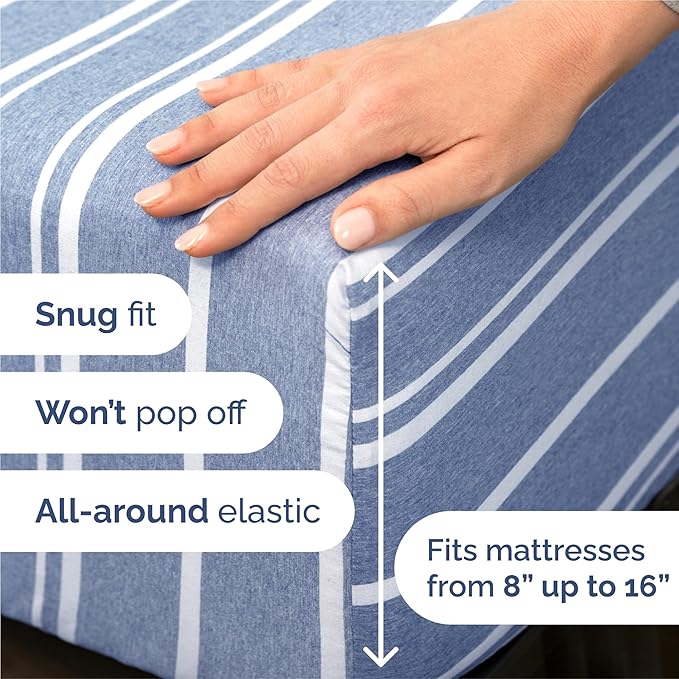 Split King 7 Piece Sheet Set - Cooling & Breathable - Hotel Luxury Bedding Includes Fitted Sheets for Women, Men, Kids & Teens - 1 Flat, 2 Fitted Sheets, 4 Pillowcases w/Deep Pockets - Blue Stripes