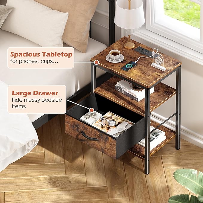 SUPERJARE Nightstand with Charging Station, Bed Side Table with Adjustable Fabric Drawer, Night Stand for Bedroom, 3-Tier Storage End Table, for Living Room, Rustic Brown