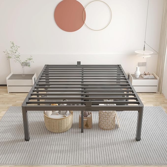 ROIL 16 Inch Full Bed Frame with Rounded Corner and Headboard Hole Mattress Retainers 3500LBS Metal Heavy Duty Steel Slats No Box Spring Needed Platform Noise-Free Easy Assembly