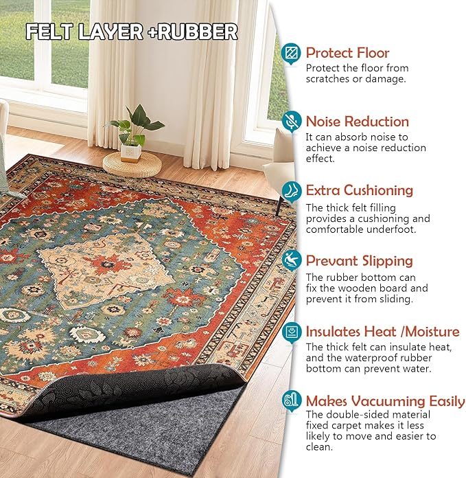 Waterproof Rug Pad, Thick 9x12 Ft Under Area Rug Carpet Pad, Non Slip Rug Pads for All Floors and Hardwood Floors Finishes, Keep Carpets in Place Soft and Prevent Rug from Wrinkling or Buckling