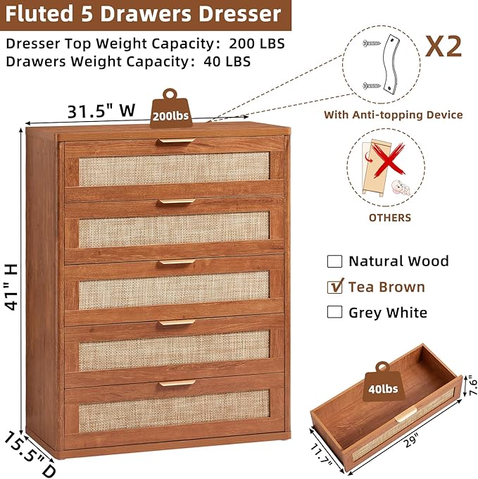 LEYAOYAO Rattan Dresser for Bedroom Set 2, 41" Tall Chest of Drawers, Modern 5 Drawers Boho Dressers with Storage, Light Oak Dresser Wooden Closet Organizer for Living Room, Hallway, Tea Brown