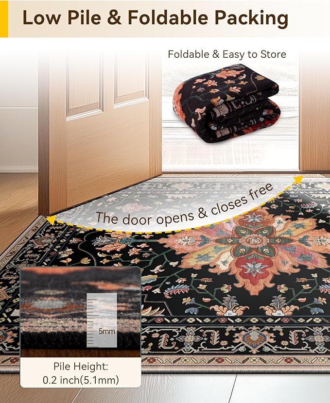 Area Rugs 2'x10' Washable Non-Slip, Floral Vintage Distress Print Pattern Medallion Carpet for Living Room Bedroom Dining Room, Black Colorful Floral Dark Tan