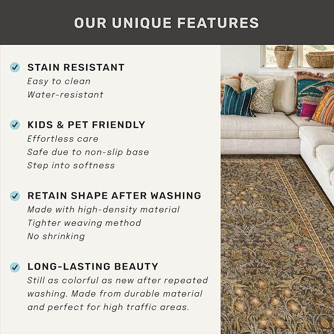 Washable 10x14 Living Room Rug - Brown Oriental Large Area Rug for Dining Room Under Table, Low Pile Non-Slip Floor Carpet for Bedroom Under Bed - Vintage Taupe Design & Stain Resistance