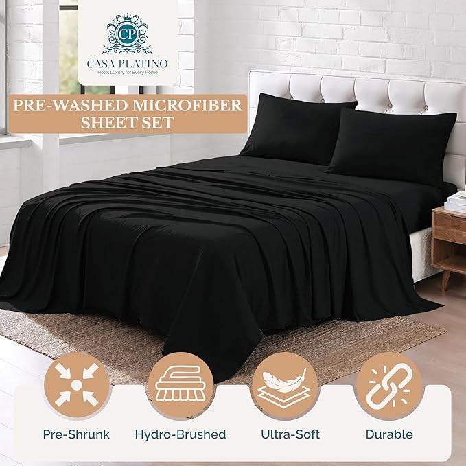 Casa Platino Split King Sheets, 4 Piece Set, Pre-Washed Ultra Soft Bed Sheets Set, Brushed Microfiber Split King Bedding Sets, Split King Size Sheets with 15 inch Deep Pockets - Black
