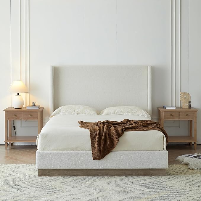 California King Size Upholstered Platform Bed Frame, 52.5" Tall Headboard Hosford Wingback Bedframes, Wood Base Floor Beds, No Box Spring Needed, No Noise, Minimalist, Cream White Boucle