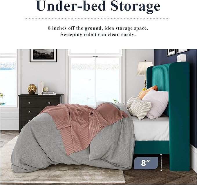 Allewie Queen Size Bed Frame/Velvet Upholstered Platform Bed/Vertical Channel Tufted Wingback Headboard/Strong Wooden Slats/No Box Spring Needed/Easy Assembly/Teal