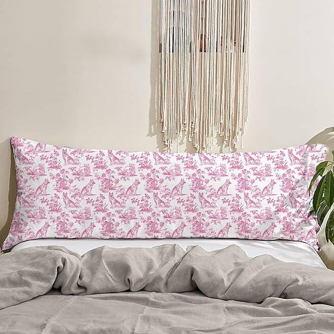 Pink Chinoiserie German Shepherd Dog 20x54 Body Pillow Cover with Zipper,German Shepherd Decor,Grandmillennial Pink Dog Decorative Body Pillow Cases for Bed Couch