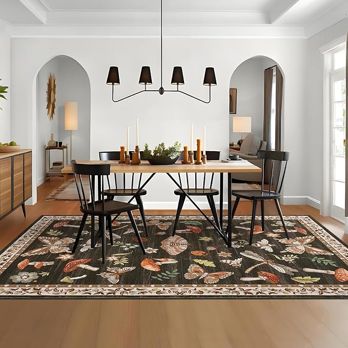 Mushroom Washable Area Rug 6x9 Rugs for Living Room Soft Low-Pile Stain Resistant Thin Carpet for Bedroom Dining Nursery Non Slip Mat with Rubber Brown