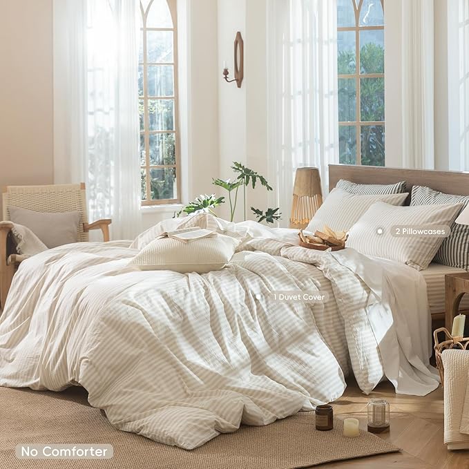 MooMee Striped Duvet Cover Set 100% Washed Cotton Linen Like Textured Breathable Durable Soft Comfy (Almond Milk Grey Classic Stripes, Oversized Queen 98"x98")