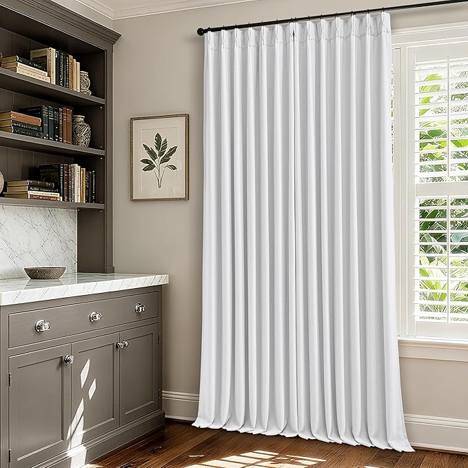 Soft White 100 Inch Floor Length Linen Blackout Curtains for Bedroom Pinch Pleated Black Out Thermal Insulated Window Drapes Light Blocking Double Layer Soundproof 100 Inch White Curtain 2 Panels