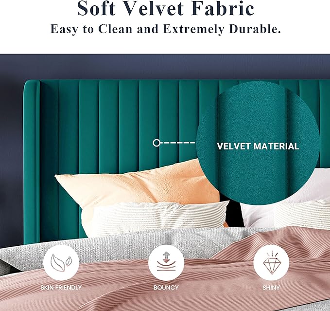 Allewie King Size Bed Frame/Velvet Upholstered Platform Bed/Vertical Channel Tufted Wingback Headboard/Strong Wooden Slats/No Box Spring Needed/Easy Assembly/Teal