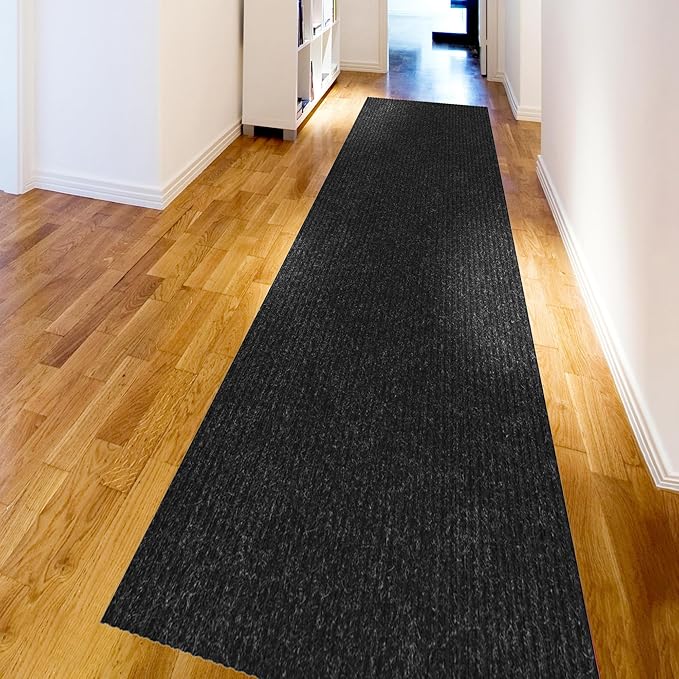 Ottomanson 2'7" x 52' Hallway Runner with Scraper Pile - Extra Durable Non-Slip Rug Mat for Indoor & Outdoor Use - Ideal for Kitchen, Entryway & Garage - High-Traffic Carpet, Black