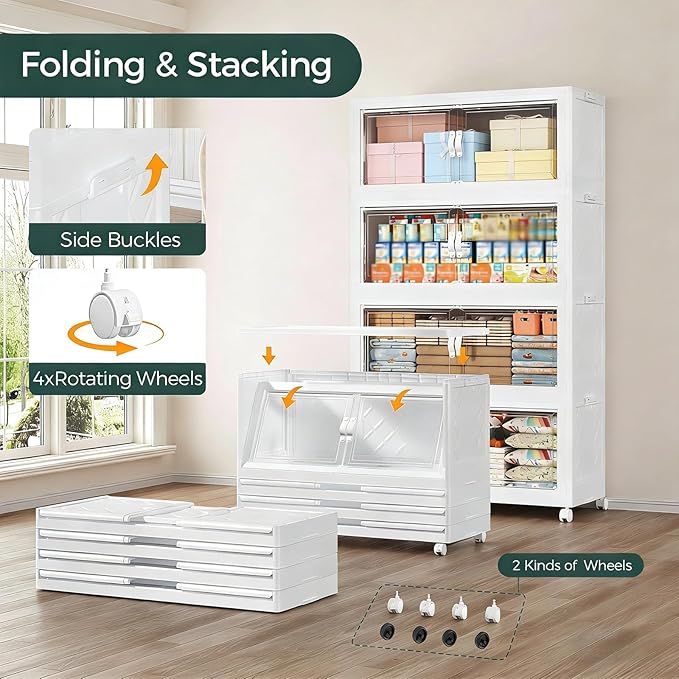 720QT Extra Large Stackable Storage Bins with Lid, 180Gal Collapsible Storage Box with Wheels and Doors, Plastic Closet Organizers and Storage Cabinet for Home Kitchen Office Dorm, 4Pack White