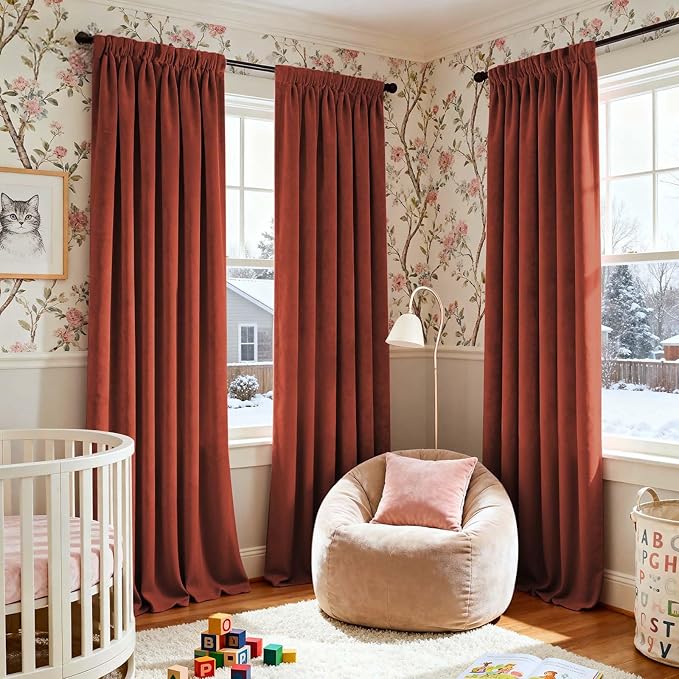 Lazzzy Velvet Blackout Curtains Thermal Insulated Room Window Drapes Super Soft Luxury Curtains for Living Room Bedroom Rod Pocket 2 Panels, Rust Red, 52" W x 120" L