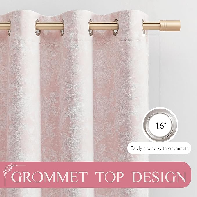 Beauoop Pink Floral Jacquard Blackout Curtains 84 Inches Long for Patio Sliding Door Extra Wide Chenille Flower Divider Room Darkening Thermal Soundproof Grommet Window Drapes, 100x84 Set of 1