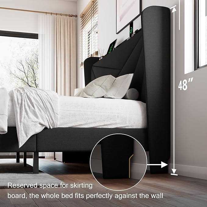 Full Size Upholstered Bed Frame with Charging Station, Platform Bed Frame with Storage Headboard, Solid Wood Slats Support, No Box Spring Needed, Black