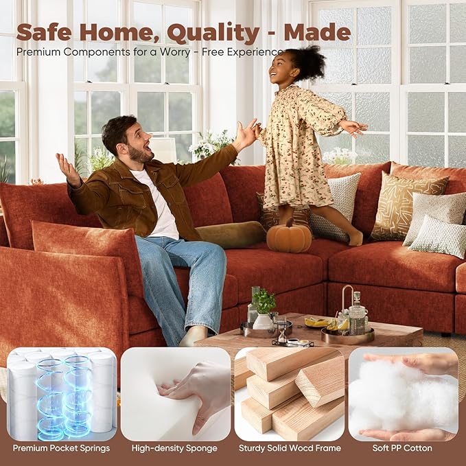 ABCASA 103.5" Oversized Modular Sectional Sofa, L Shaped Convertible Couch with Movable Ottoman, Large 6 Seat Corner Couches for Living Room Deep Seat- Terracotta Orange Chenille