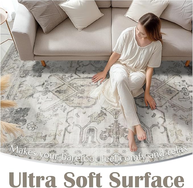 jinchan Hallway Runner Rug 3x10 Machine Washable - Vintage Floral Non-Slip Low-Pile Soft Ultra-Thin Faux Wool Kitchen Rug Distressed Carpet Runner for Farmhouse Bedroom Laundry Room (3x10ft, Taupe)