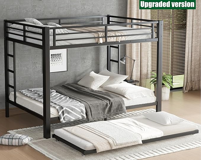 LUCALEO Stronger & Truly Reinforced Heavy Duty Metal Bunk Bed Queen Over Queen Size Bunkbed, Thickened More Stable & Safer Steel Bunk Bed Frame with Twin Size Trundle (Greater Weight Capacity)