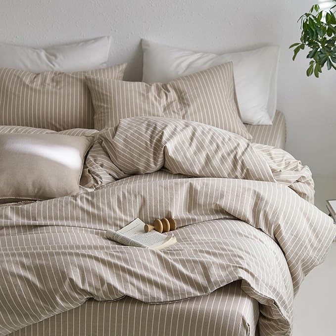 MooMee Striped Duvet Cover Set 100% Washed Cotton Linen Like Textured Breathable Durable Soft Comfy (Tannish Linen Grey White Wide Stripes, Oversized King Plus 128"x120")