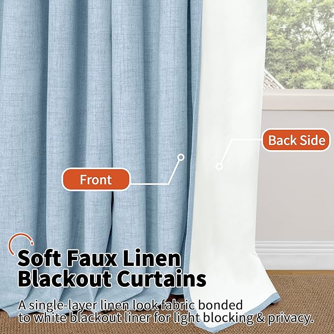 Blue Linen Blackout Curtains for Kids Bedroom Nursery 84 Inch Length 2 Panels, Thermal Insulated Full Room Darkening Noise Reducing Privacy Window Curtains for Boy Room, Each 52 Inch Wide