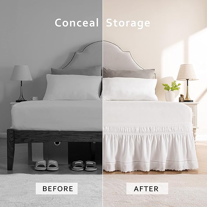 MIYE Wrap Around Ruffled Lace Bed Skirt, Elastic Dust Ruffle with Adjustable Belts,15 Inch Drop Easy to Put On, Bed Frame Cover, Machine Washable (Embroidered, King/Queen-15)