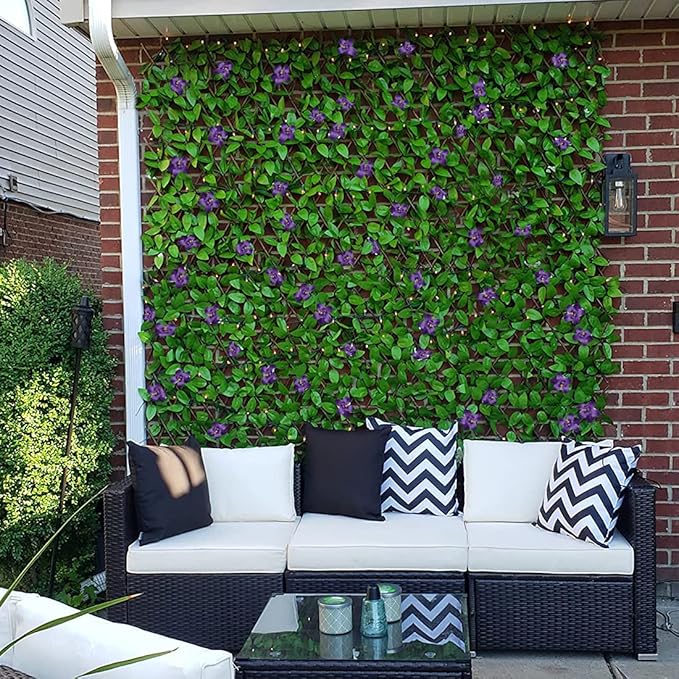 Sumery Expandable Fence Privacy Screen for Balcony Patio Outdoor,Decorative Faux Ivy Fencing Panel,Artificial Hedges (Single Sided Leaves) (2, Green Flowers)