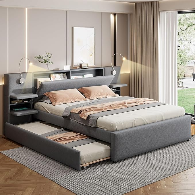 Luxury Queen Bed Frame,Queen Size Trundle Bed Frame with 2 Storage Drawers,Reading Lights, Storage Headboard,Storages Rack,Queen Size Linen Upholstered Platform Bed for Bedroom (Gray, Queen)