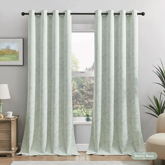 Beauoop Green Floral Jacquard Blackout Curtains 108 Inches Long 2 Panels for Bedroom Living Room Sage Flower Chenille Room Darkening Thermal Soundproof Grommet Window Treatments Drapes, 52x108