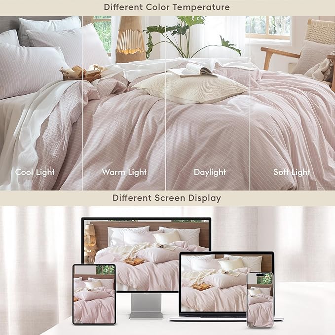 MooMee Striped Duvet Cover Set 100% Washed Cotton Linen Like Textured Breathable Durable Soft Comfy (Heathered Greyish Pink White Wide Stripes, Cal King 104"x98")