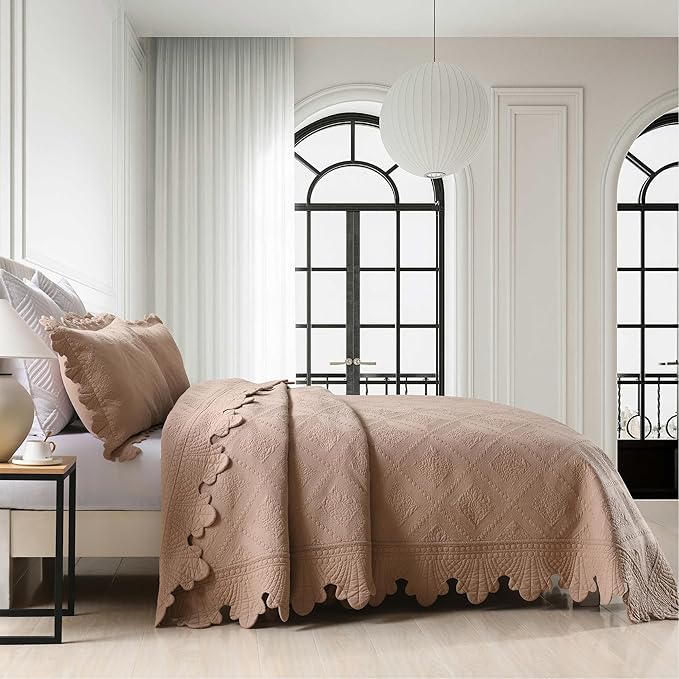 MarCielo 3-Piece 100% Cotton Oversized Bedspread Lightweight Quilt Coverlet Embroidery Farmhouse Bedding Set (TK Pale Taupe Camel, Oversized Queen (100"x106"))