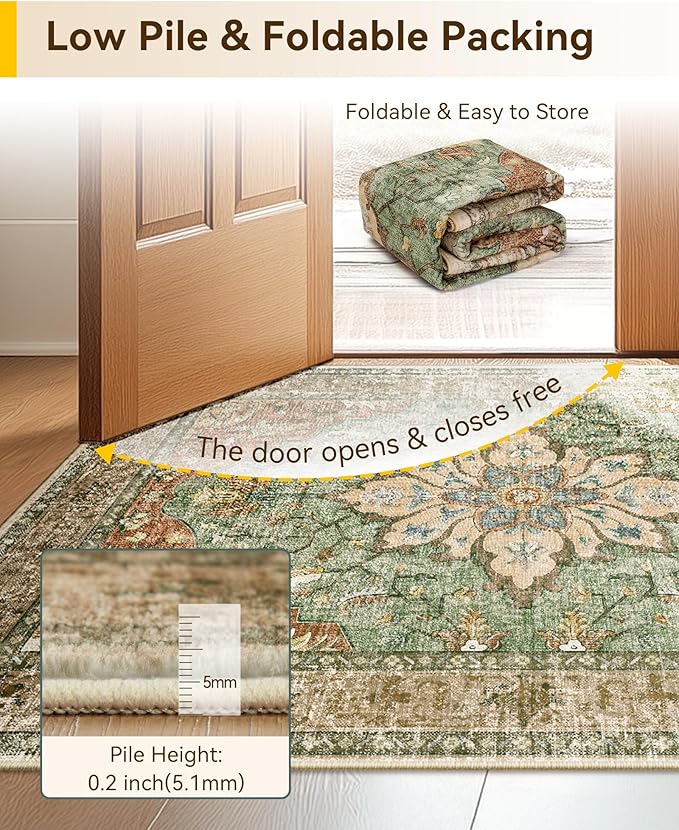 Area Rugs 2'x7' Washable Non-Slip, Floral Vintage Distress Print Pattern Medallion Carpet for Living Room Bedroom Dining Room, Brick Red Rust Neutral Brown Burnt Orange Green
