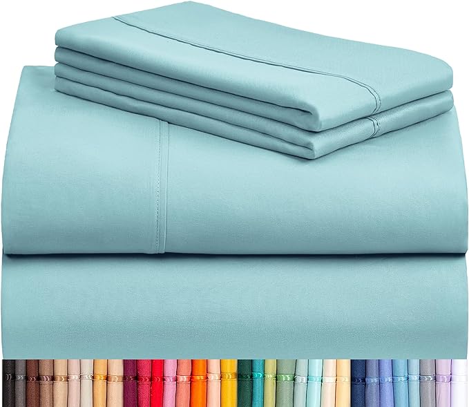 LuxClub 4 PC King Sheet Set, Deep Pockets Wrinkle Free Cooling Bed Sheets Hotel Bedding for Women, Men, Includes 1 Fitted Sheet, 1 Flat Sheet and 2 Pillowcases-Silky Soft Aqua