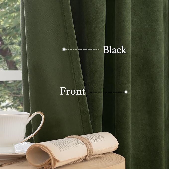 LAMIT Olive Green Velvet Blackout Curtains 78 Inch, Vintage Thermal Insulated Room Darkening Drapes for Living Room Back Tab and Rod Pocket Privacy Window Panels for Bedroom, 2 Panels, 52 x 78 Inch