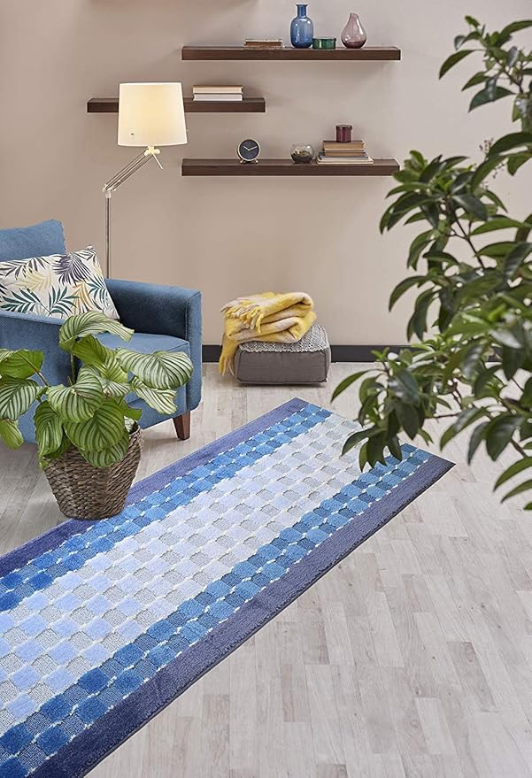 Custom Length Hallway Runner Rug,Slip Resistant,Checkered Blue, 26 Inch X 16 feet, Sold and Priced Per Foot