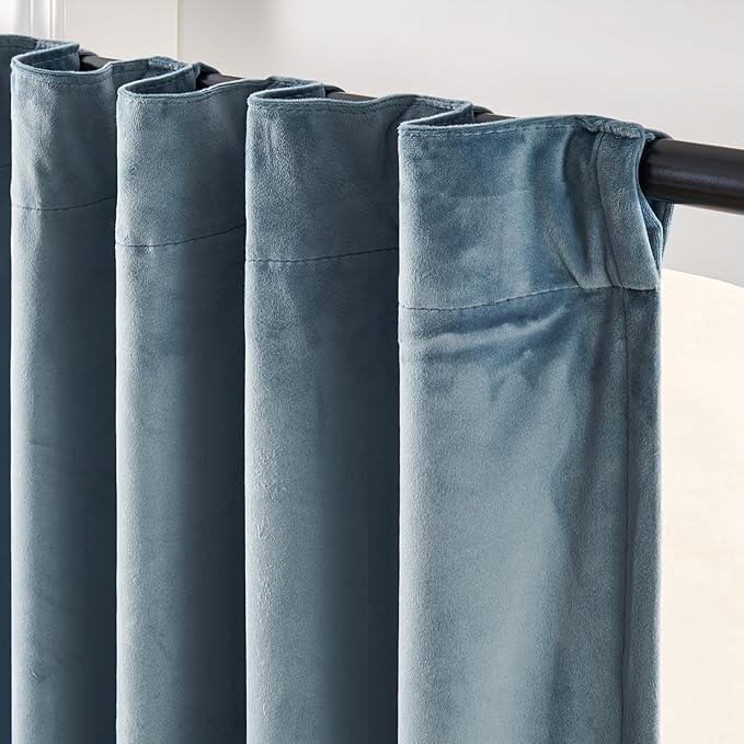 Lazzzy Velvet Blue Curtains 90 Inches Long Blackout Thermal Insulated Room Darkening Lined Curtain Drapes Luxury Back Tab Window Treatments for Bedroom Living Room 2 Panels, 52 x 90 Inch, Aegean Blue