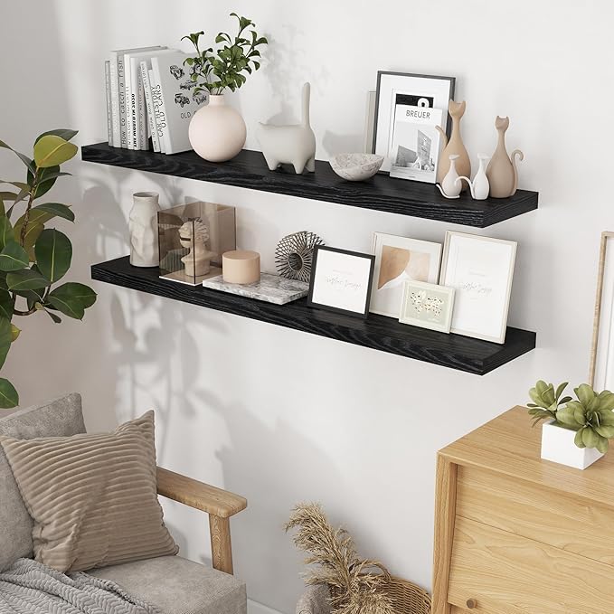 Fun Memories 55 Inch Floating Shelves for Wall Set of 2, 55x9.3 Large Floating Shelf for Bedroom, Kitchen, Bathroom, Wall Mounted Rustic Wood Shelves with Invisible Bracket for Books, Decor, Black