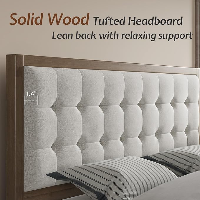 Jocisland Wood King Size Bed Frame,Tall Upholstered Tufted Headboard, Solid Wood Platform, No Box Spring Needed, Ash Gray