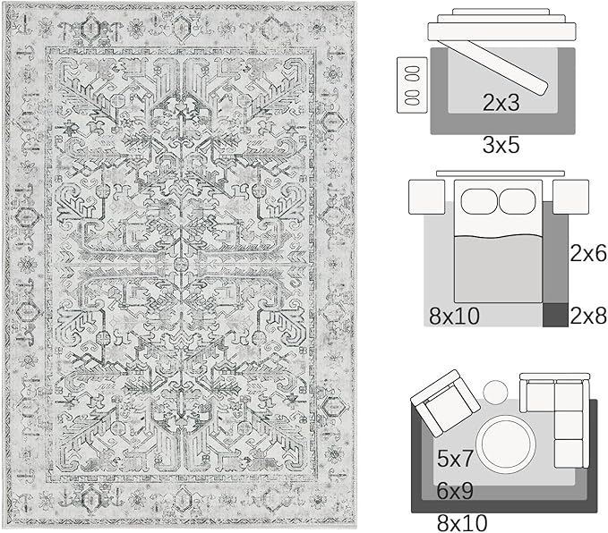 jinchan Lima Kitchen Runner Rug 2x8 - Vintage Floral Machine Washable Non-Slip Hallway Runner Rug with Rubber Backing Ultra-Thin Carpet for Bedroom Laundry Room Farmhouse (2x8ft, Grey)