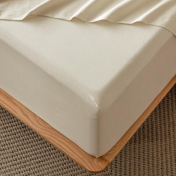 MooMee Fitted Bottom Sheet Only 100% Washed Cotton Linen Like Textured Breathable Durable Soft Comfy Deep Pocket Fits Mattress up to 17" (Almond Milk Grey, King)