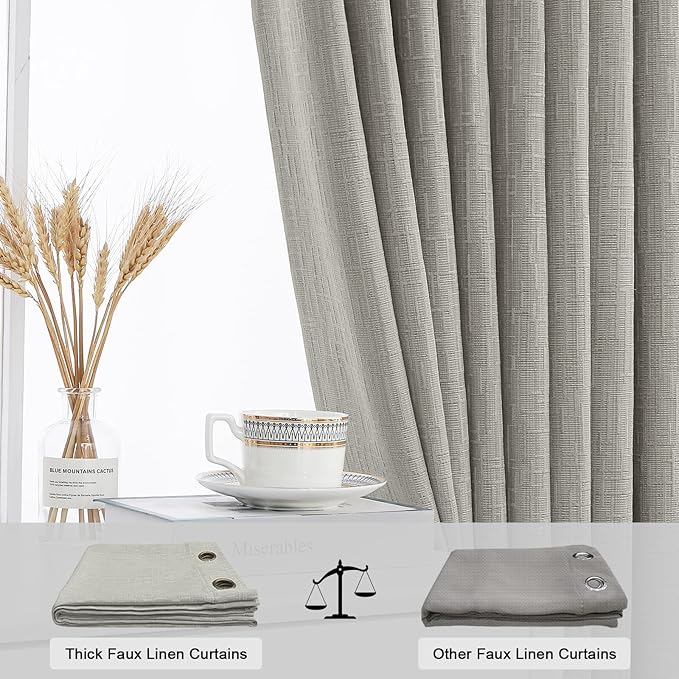 Jacquard Linen Curtains 108 inch Length 2 Panels Thick Faux Linen Blended Window Drapes Burlap Textured Curtains with Grommet for Living Room Bedroom Farmhouse (52x108 Light Khaki) Natural