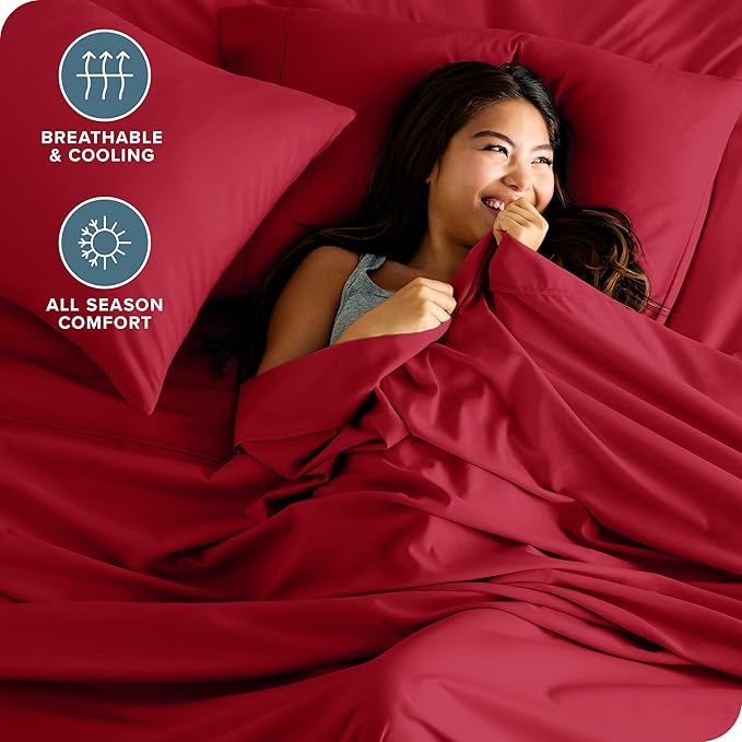 Bare Home Hotel Luxury Full XL Sheet Set, Extra Soft - 6 Piece Set - Deep Pockets - Easy Fit - Cooling & Breathable - Wrinkle, Fade, Stain Resistant - Includes 4 Pillowcases (Full XL, Red)