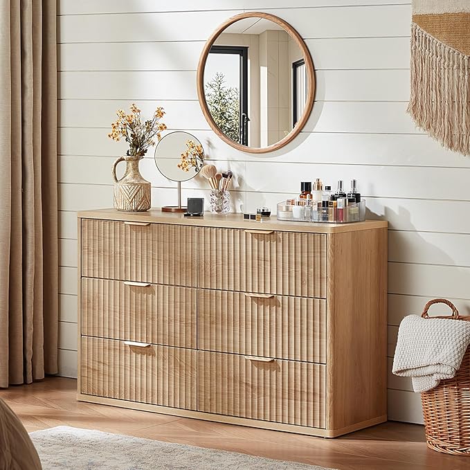 LEYAOYAO 48" Wide Fluted Dresser and 3 Drawers 23" Nightstand Set of 2, Wooden Dresser & Night Stand with Charging Station, 3 Piece Bedroom Furniture Set, Wood Chest of Drawer for Living Room,Natural