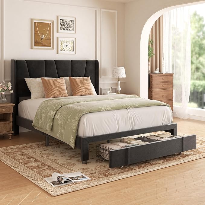 Full Bed Frame with Storage Drawers, Upholstered Full Size Platform Bed with 47" Tall Headboard and Wingboard, No Box Spring Needed, Noise Free, Easy Assembly, Wooden Support Slats, Black