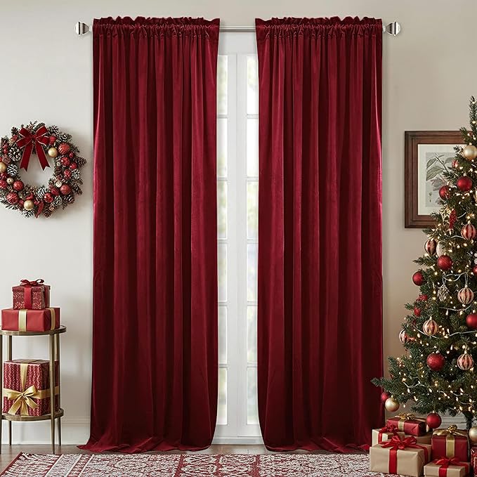 StangH Christmas Red Velvet Curtains 96-inch - Heavy-Duty Large Window Room Darkening Privacy Enhancing Panels for Home Theater/Film Room/Stage, Red, 52 x 96 inches, 2 Panels