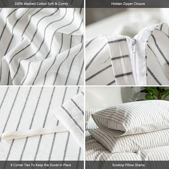 MooMee Striped Duvet Cover Set 100% Washed Cotton Linen Like Textured Breathable Durable Soft Comfy (White Dark Grey Wide Stripes, Palatial King/Oversized King 120"x98")