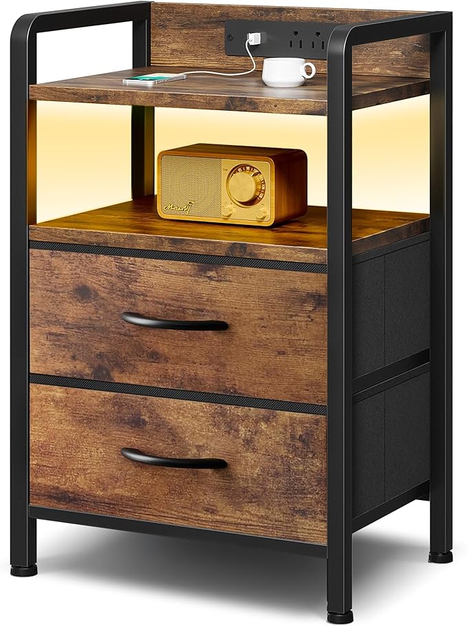 Night Stand Bedside Table Bedroom - Nightstand with Charging Station, Night Stand with LED Light Strip, End Table with U-S-B Ports & AC Outlets, Storage Shelf & 2 Fabric Drawers, Rustic Brown